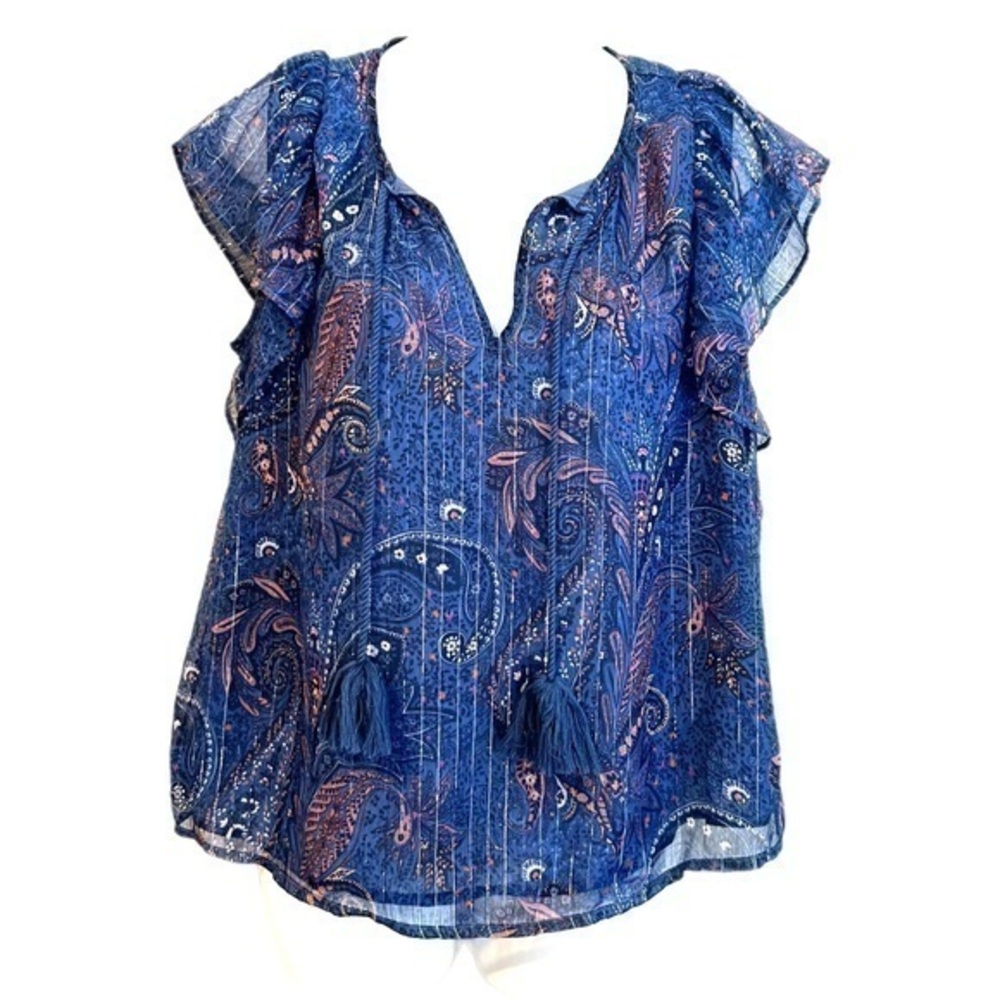 Lucky Brand Flutter Navy Sleeve Metallic Blouse